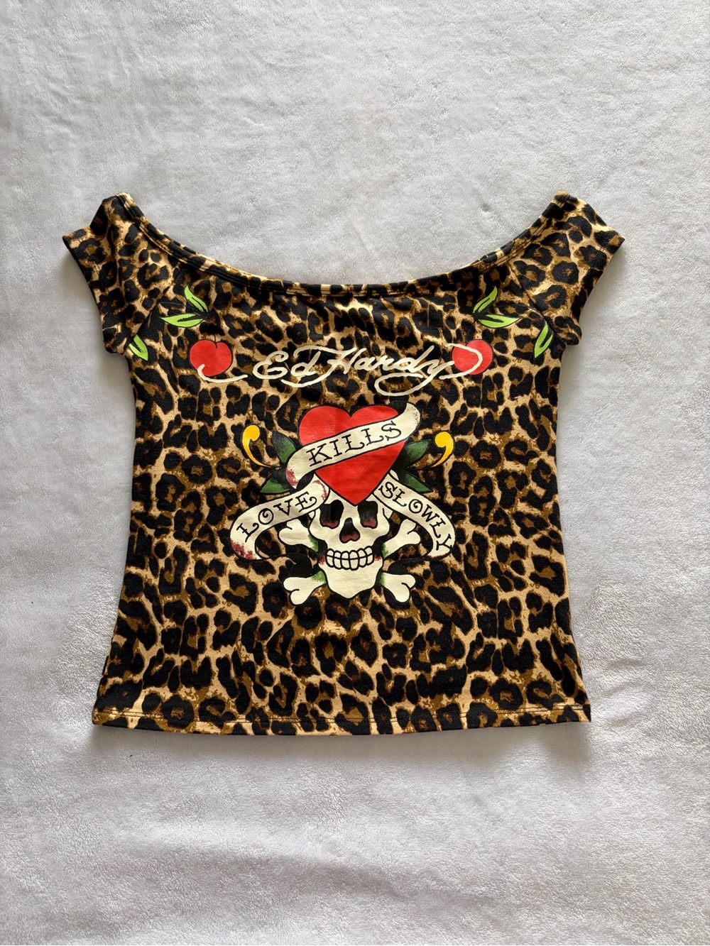 Ed Hardy Love Kills Slowly Leopard Off Shoulder Tee